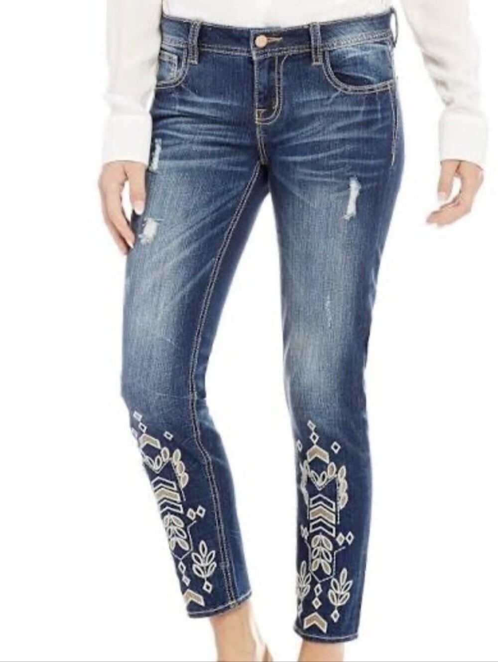 Miss Me Indigo Embroidered Ankle Skinny Distressed Jeans Size 29